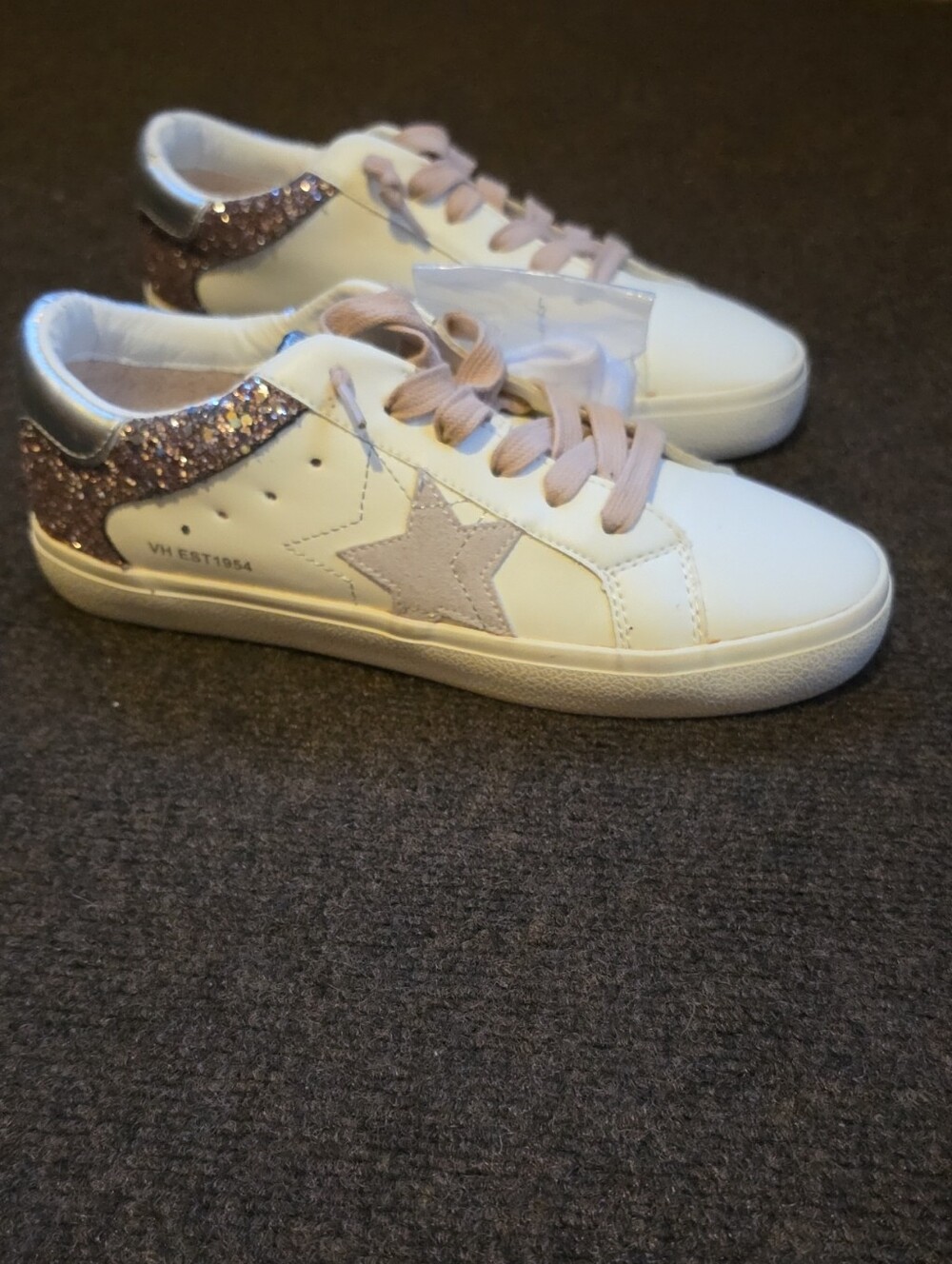 Vintage Havana White Sneakers with Pink Glitter Heel & Pale Pink Star